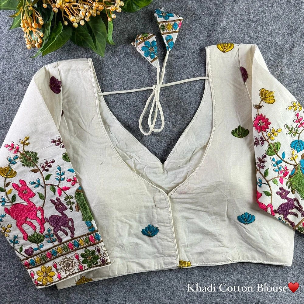 White Heavy Thread Embroidery Work 15+ Inch Sleeves Designer Khadi Blouse — view 3