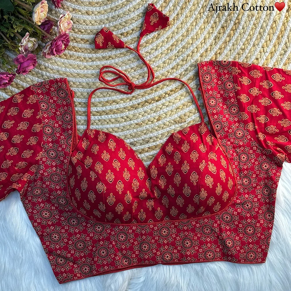 Red Color Ajrakh Cotton Halter Neck Blouse – Pure Cotton Print — view 1