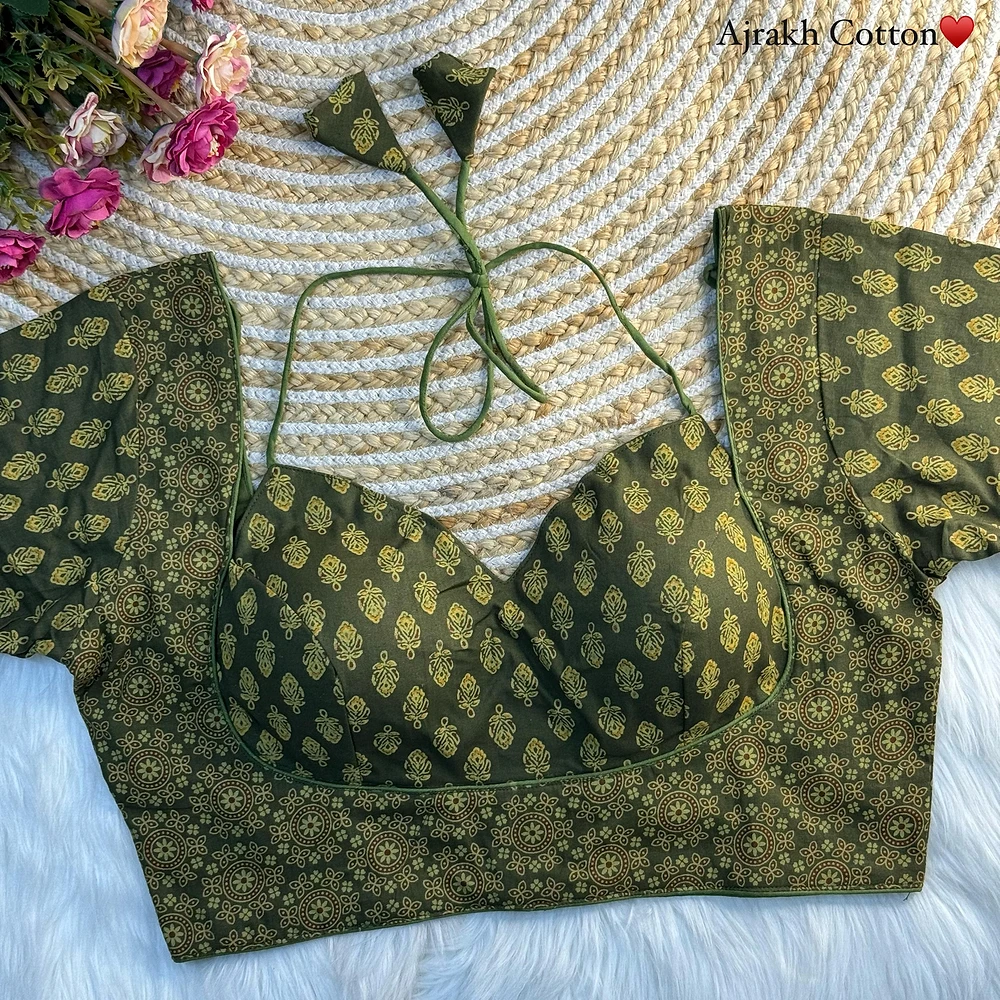 Mehndi Color Ajrakh Cotton Halter Neck Blouse – Pure Cotton Print — view 1