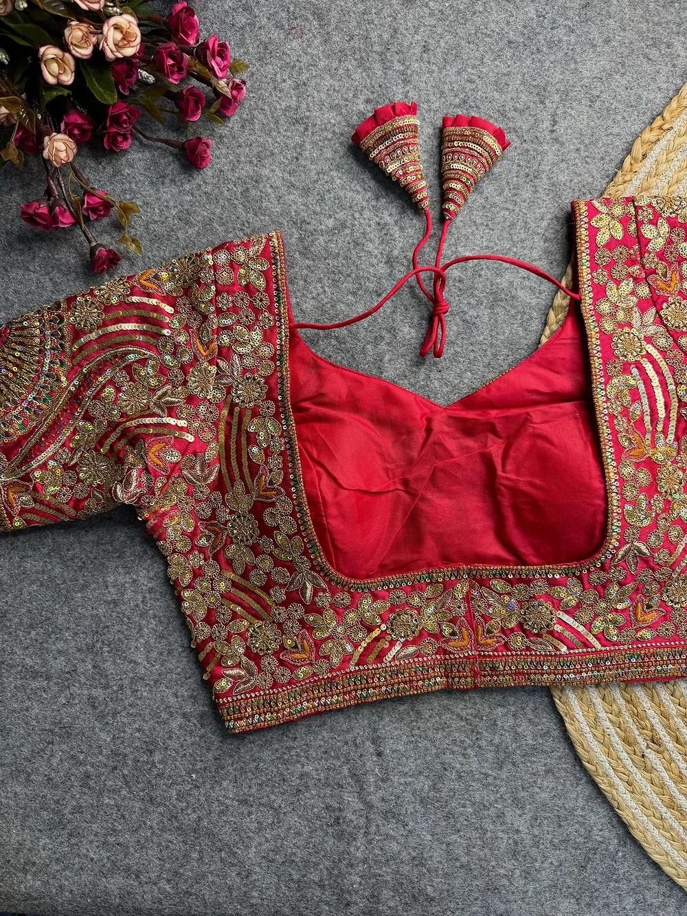Red Italian Silk Codding Sequence Peacock Work Bridal Blouse — view 2