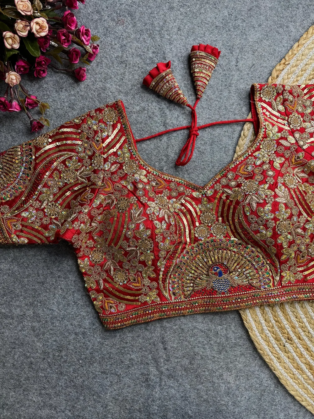 Red Italian Silk Codding Sequence Peacock Work Bridal Blouse — view 1