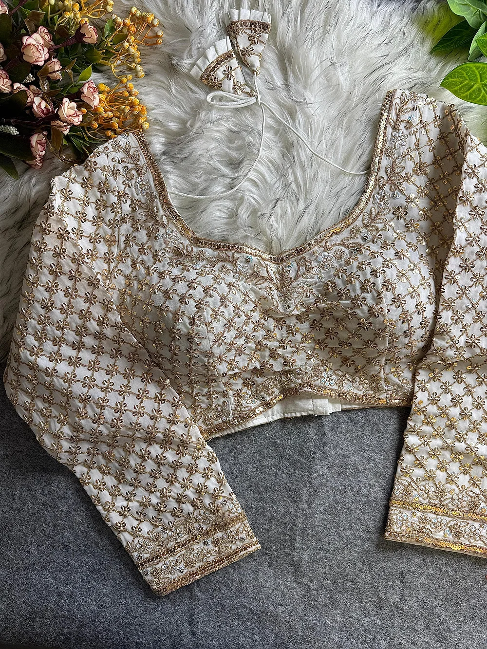 Off White Color Full Sleeve Partywear Blouse — view 1
