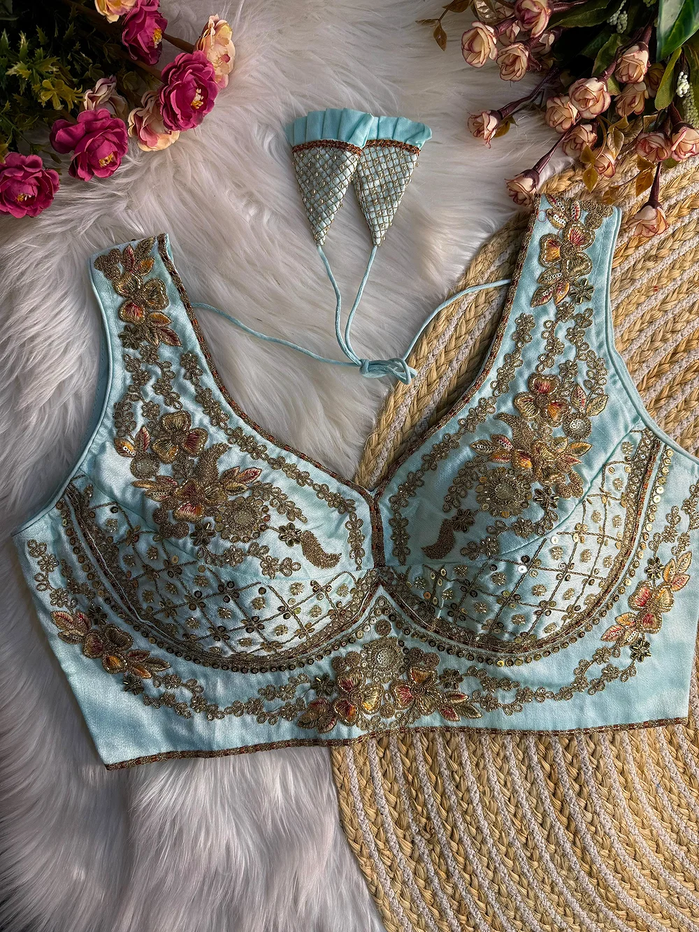 Light Blue Color Sabyasachi Neck Bridal Blouse with Heavy Stars & Beads Work — view 1