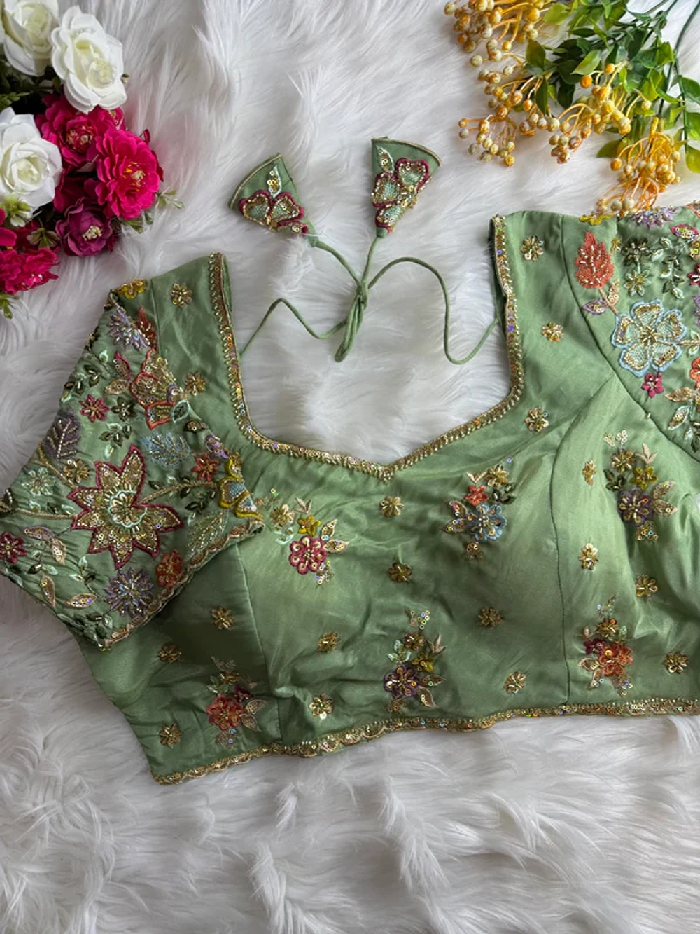 Pista Green Color Soft Cosmos Silk Blouse — view 1