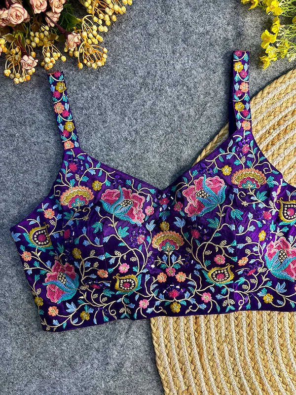 Purple Color Mirror Work Gajji Silk Blouse — view 1