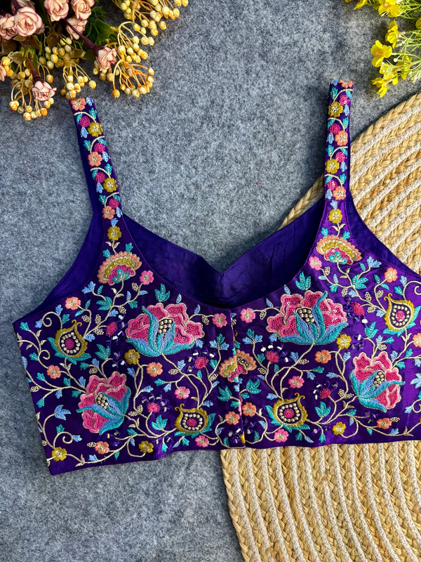 Purple Color Mirror Work Gajji Silk Blouse