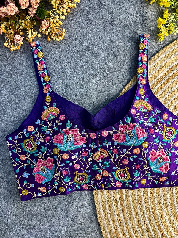 Purple Color Mirror Work Gajji Silk Blouse — view 2