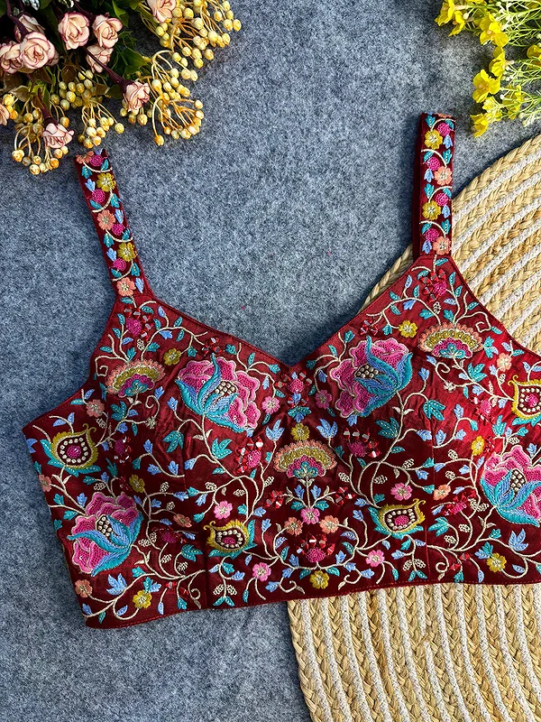 Maroon Color Mirror Work Gajji Silk Blouse — view 1