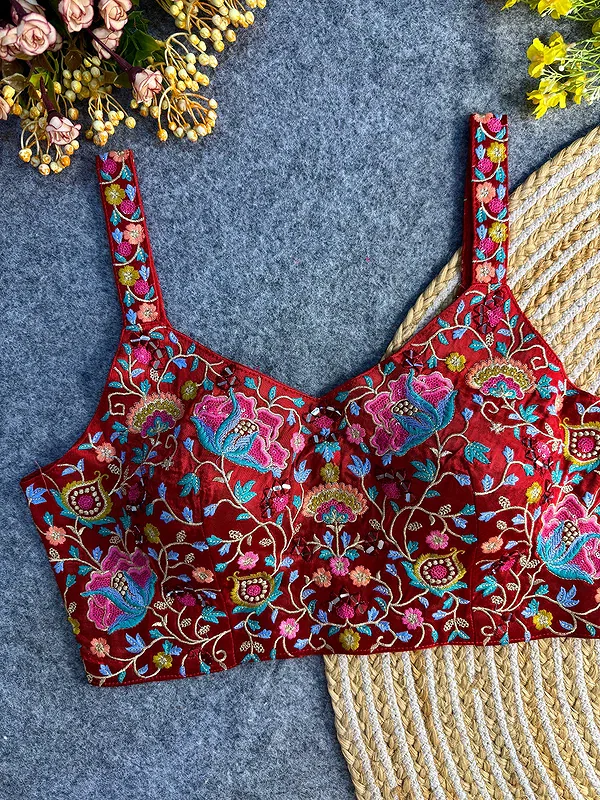 Red Color Mirror Work Gajji Silk Blouse — view 1