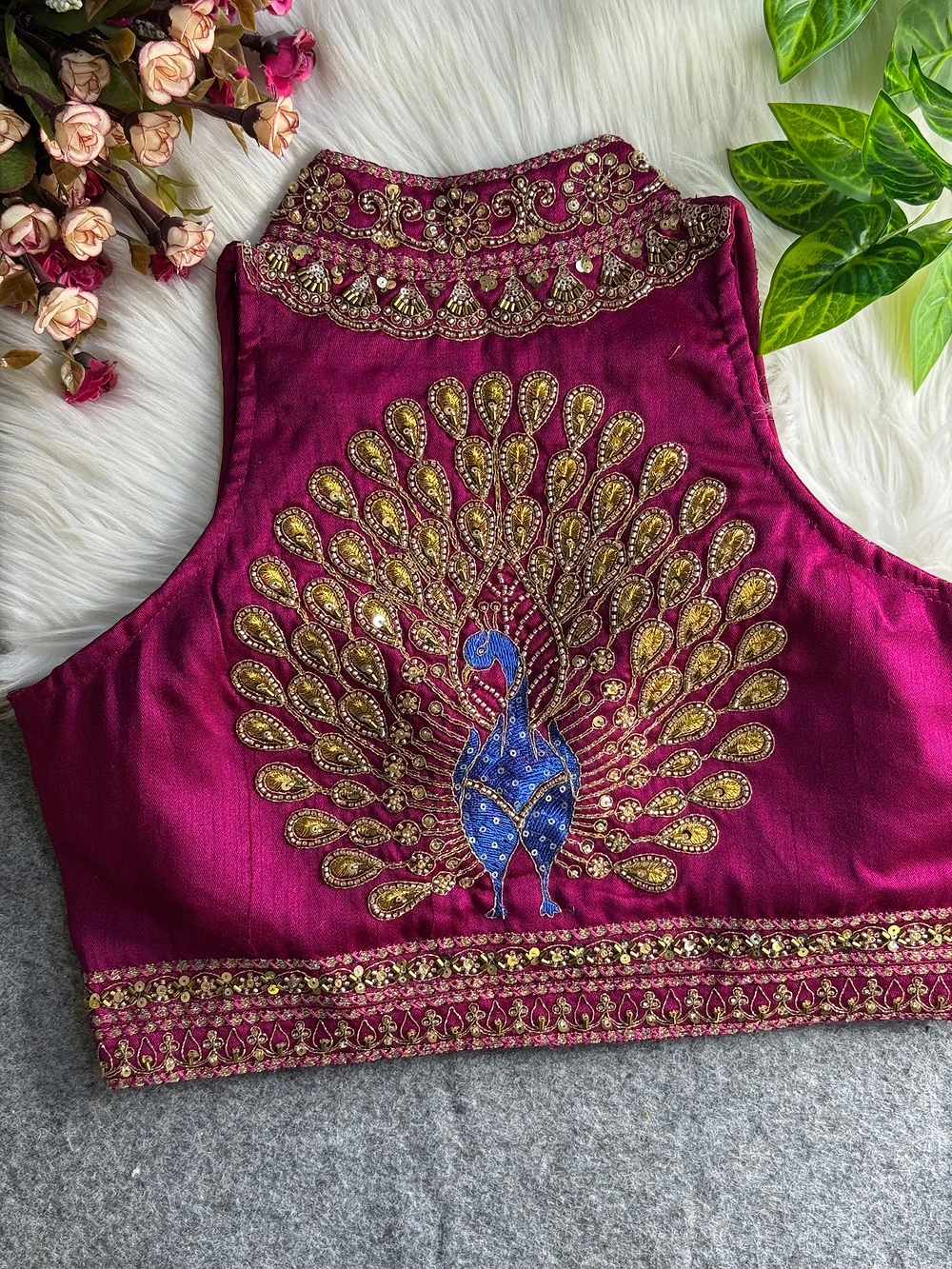 Magenta Color Halter Neck Handwork Peacock Blouse — view 2