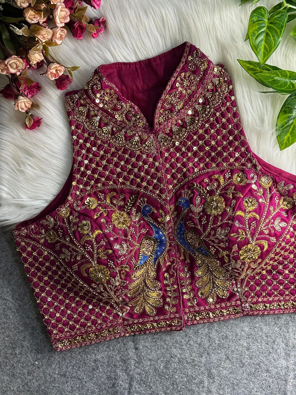 Magenta Color Halter Neck Handwork Peacock Blouse — view 1