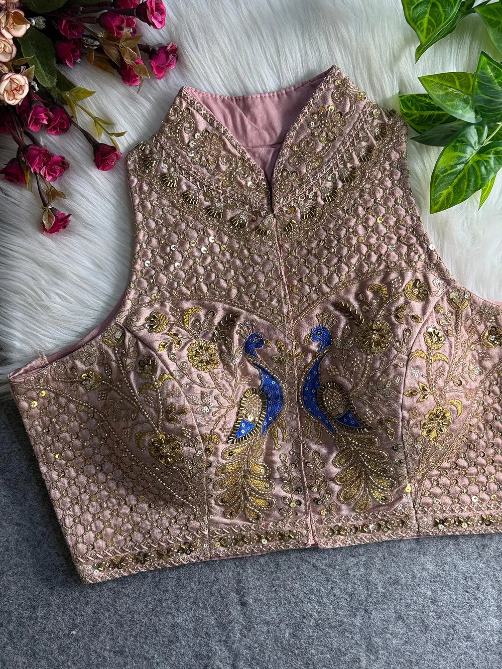 Onion Pink Color Halter Neck Handwork Peacock Blouse — view 1