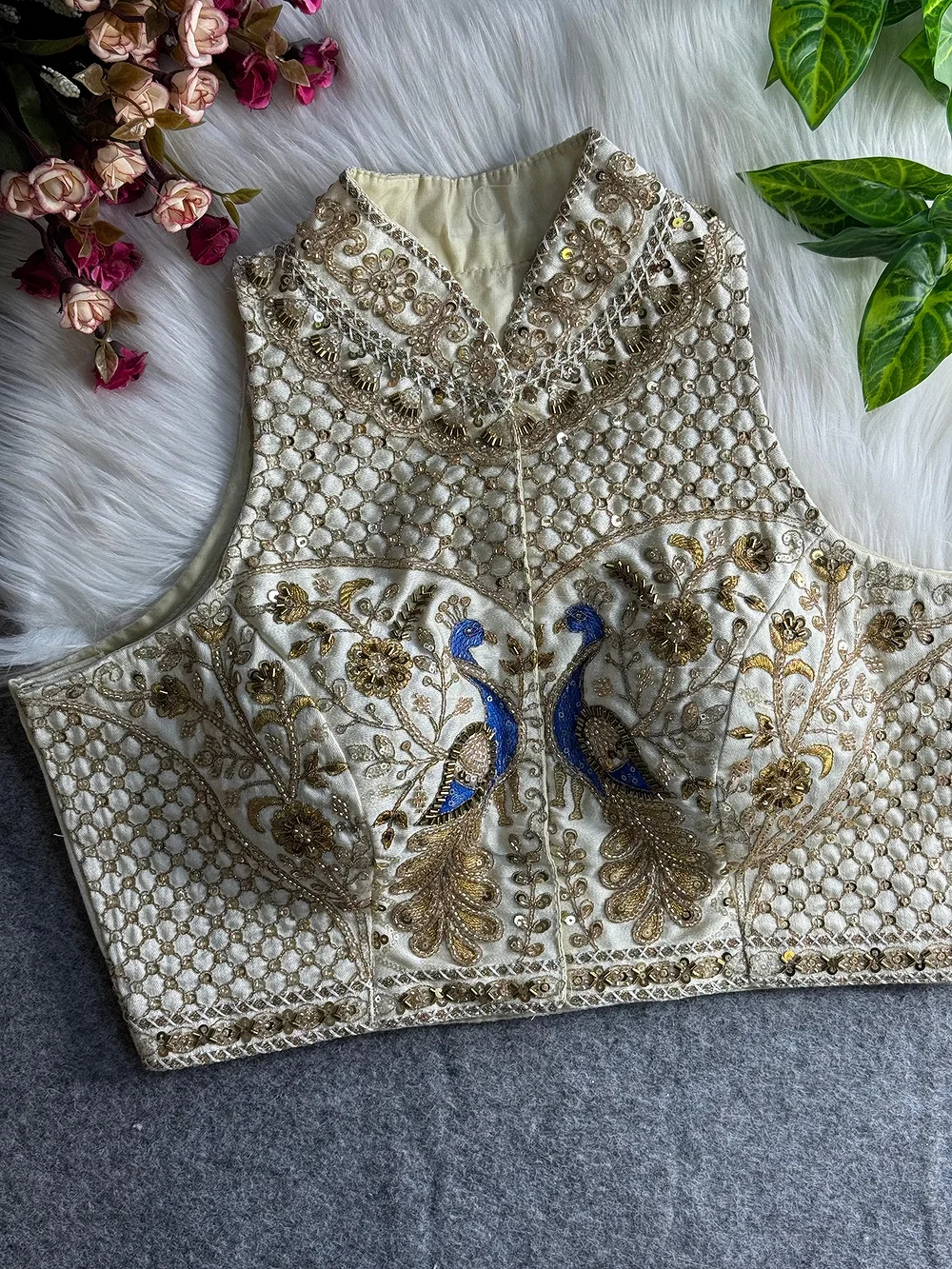 Off White Color Halter Neck Handwork Peacock Blouse — view 1