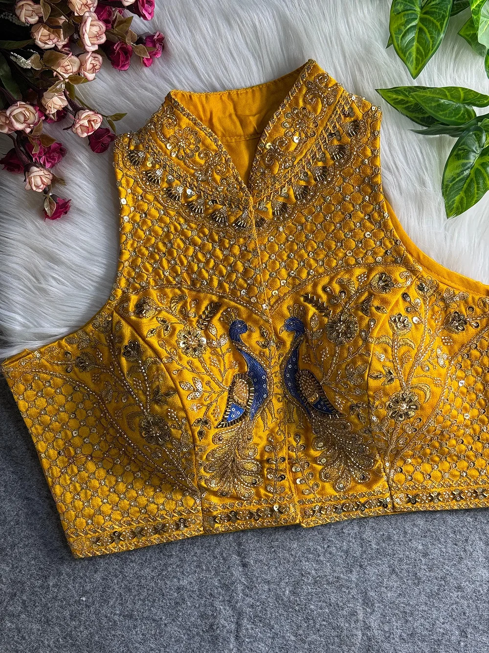 Yellow Color Halter Neck Handwork Peacock Blouse — view 1