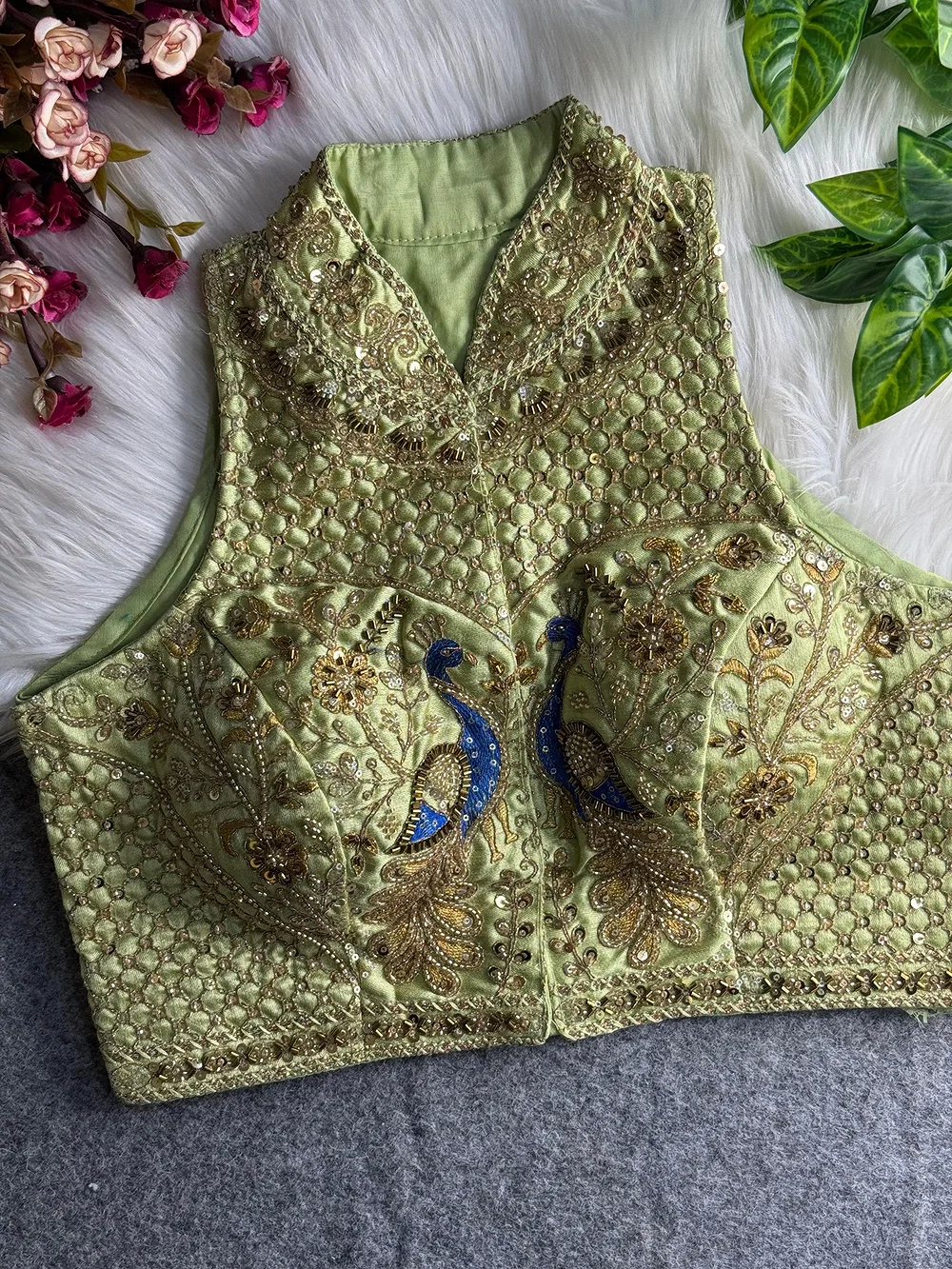 Pista Green Color Halter Neck Handwork Peacock Blouse — view 1
