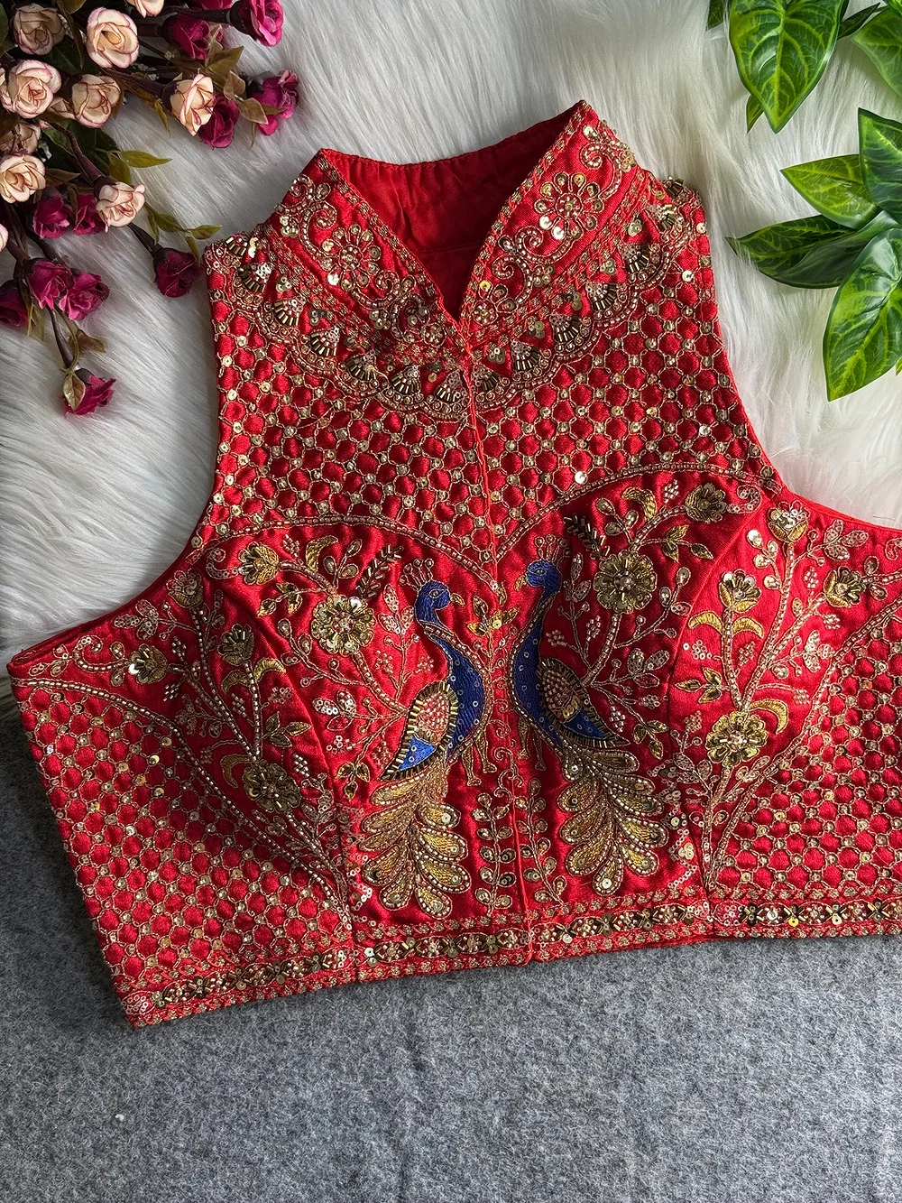 Red Color Halter Neck Handwork Peacock Blouse — view 1