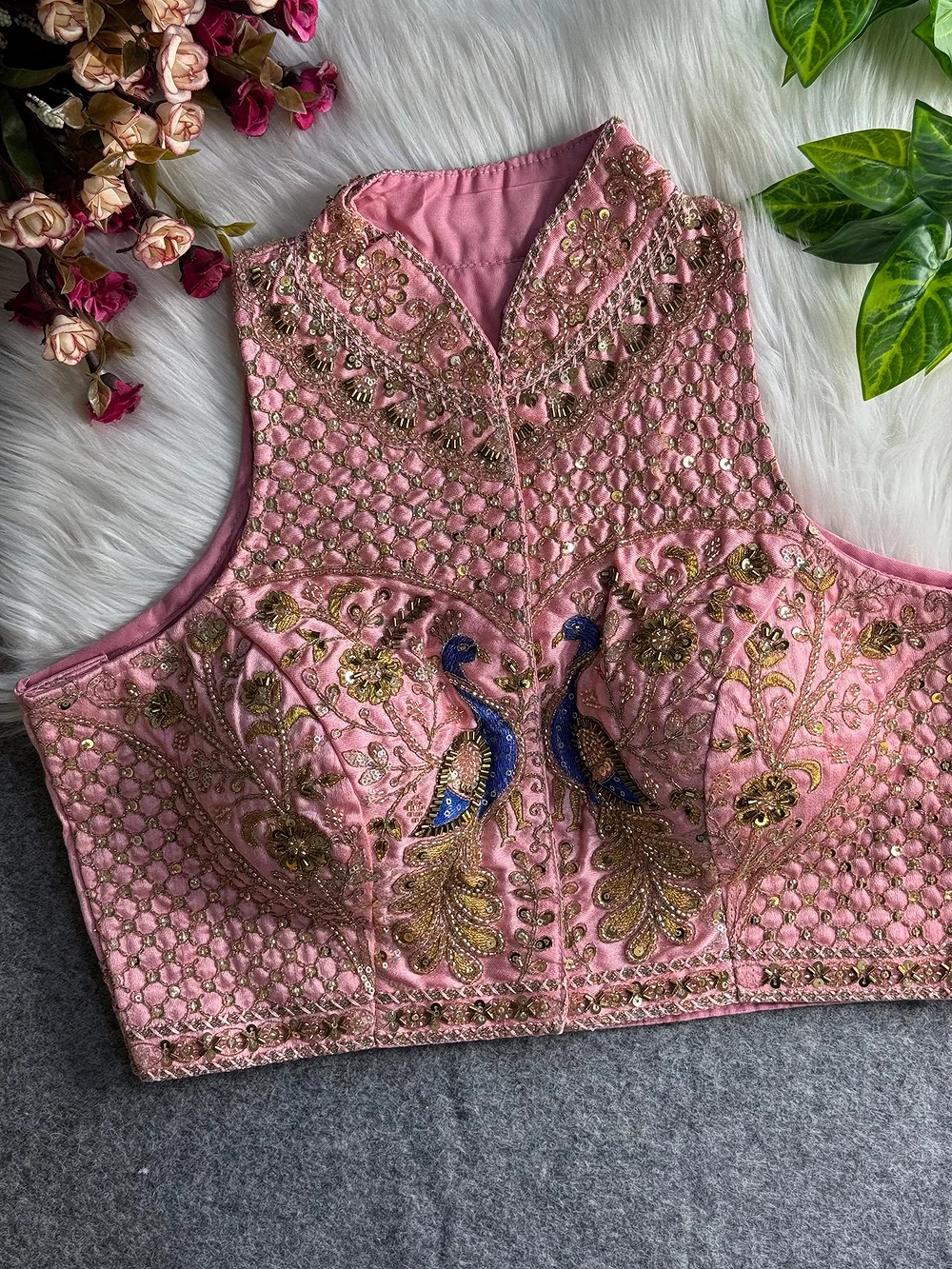 Baby Pink Color Halter Neck Handwork Peacock Blouse — view 1
