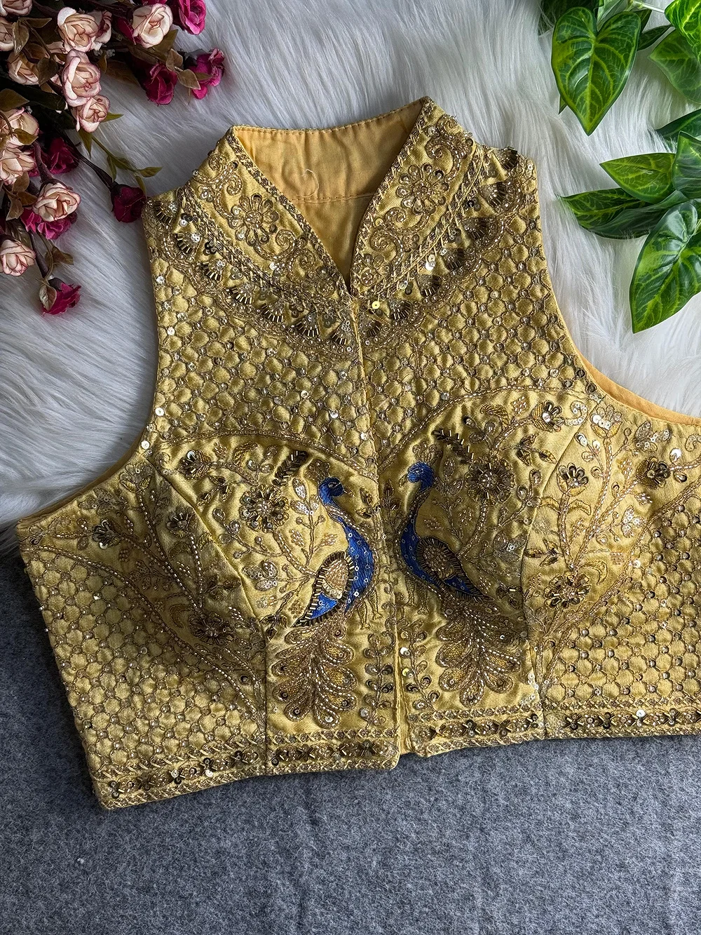 Gold Color Halter Neck Handwork Peacock Blouse — view 1