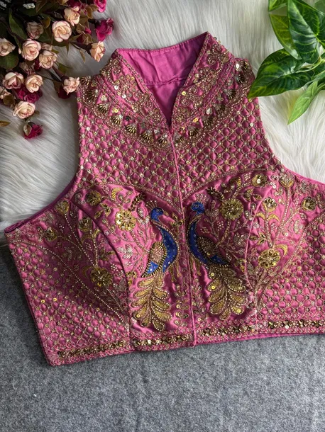 Peach Color Halter Neck Handwork Peacock Blouse