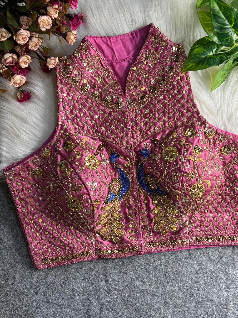 Pink Color Halter Neck Handwork Peacock Blouse — view 1