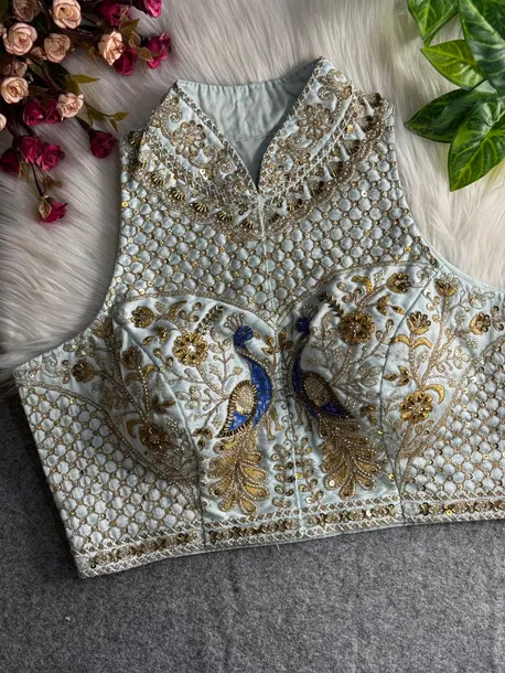 White Color Halter Neck Handwork Peacock Blouse