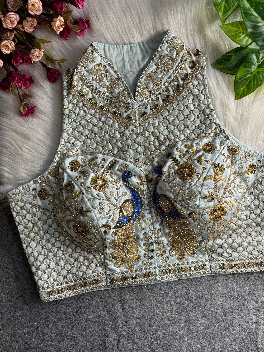 Sky Blue Color Halter Neck Handwork Peacock Blouse — view 1