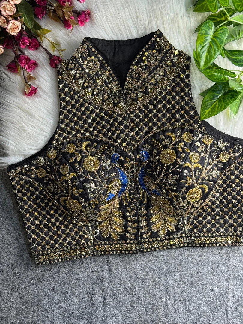 Black Color Halter Neck Handwork Peacock Blouse