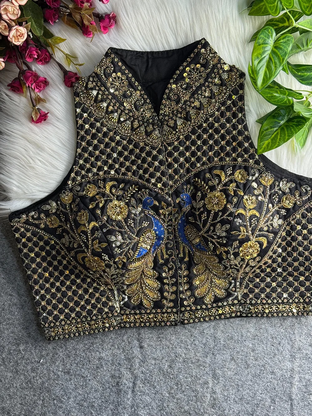 Black Color Halter Neck Handwork Peacock Blouse — view 1
