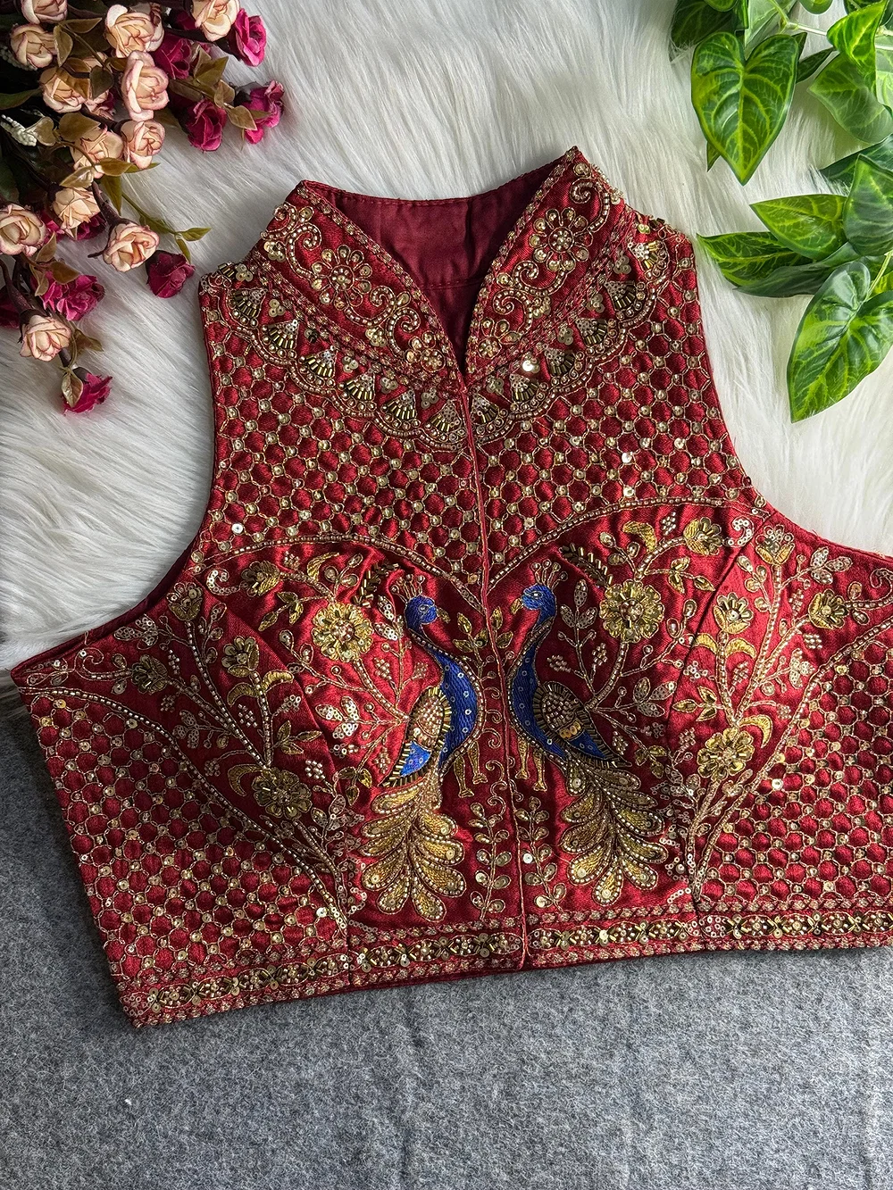 Maroon Color Halter Neck Handwork Peacock Blouse — view 1