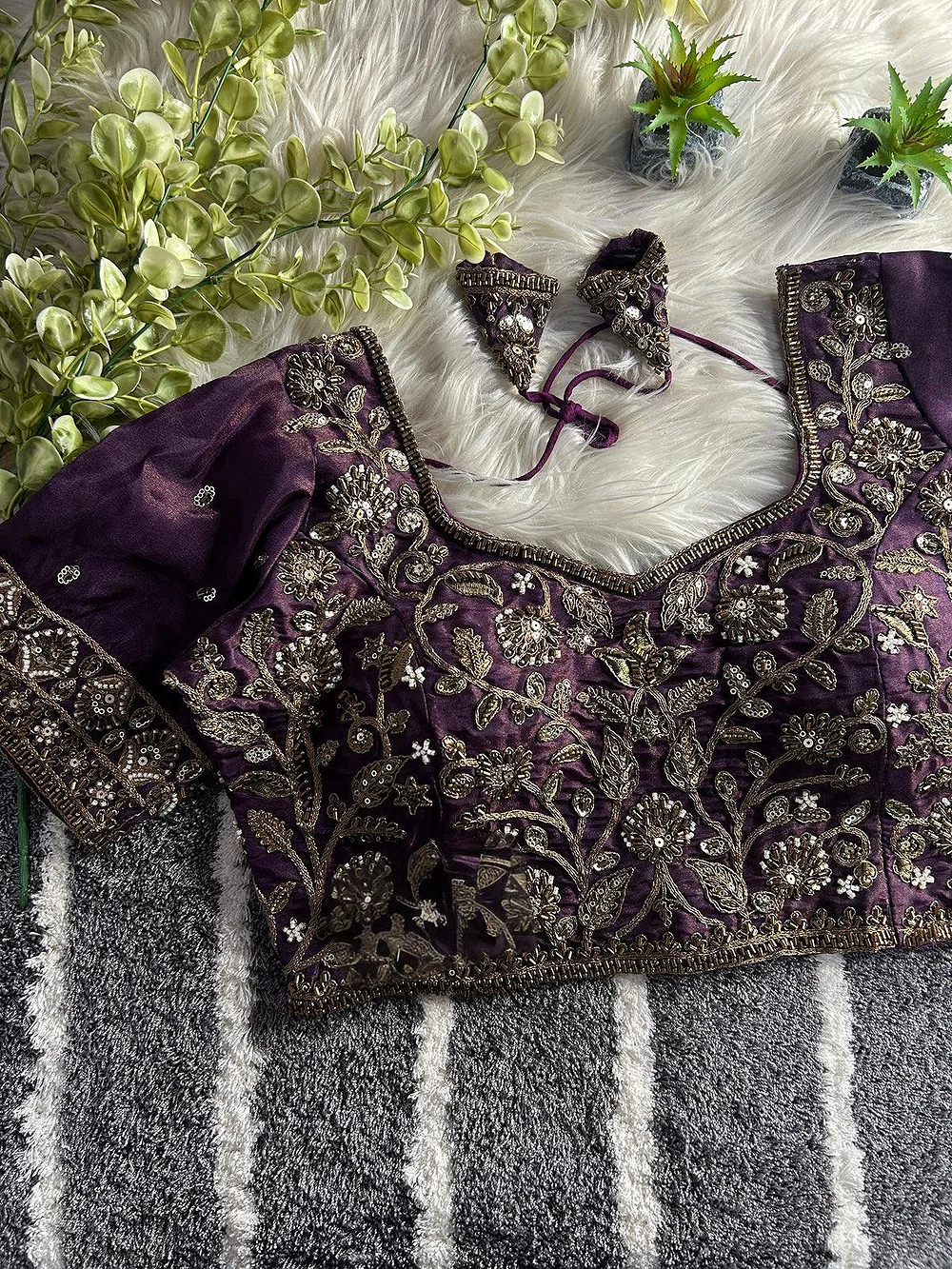 Wine Color Handwork Blouse with Stars & Beads Bridal Blouse — view 1