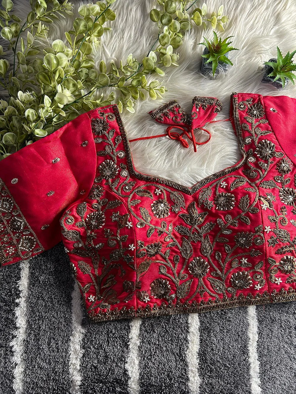 Red Color Handwork Blouse with Stars & Beads Bridal Blouse — view 1