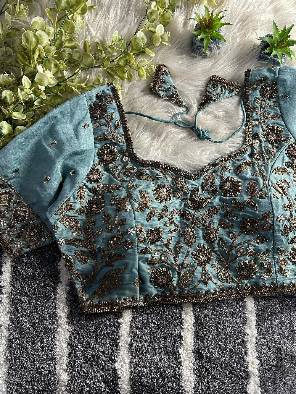 Blue Color Handwork Blouse with Stars & Beads Bridal Blouse — view 1
