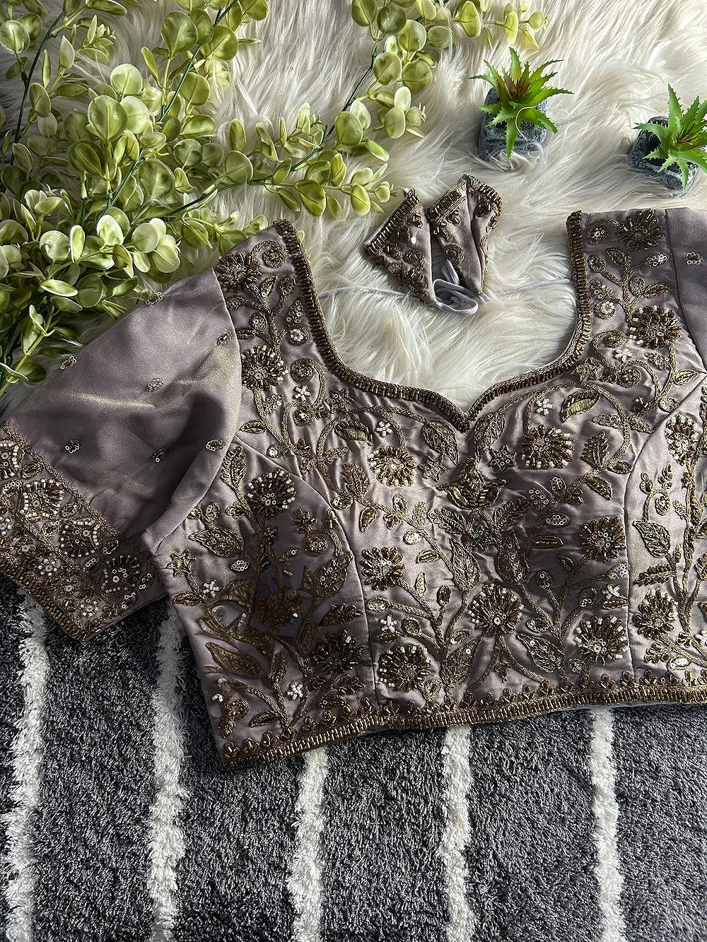 Grey Color Handwork Blouse with Stars & Beads Bridal Blouse — view 1