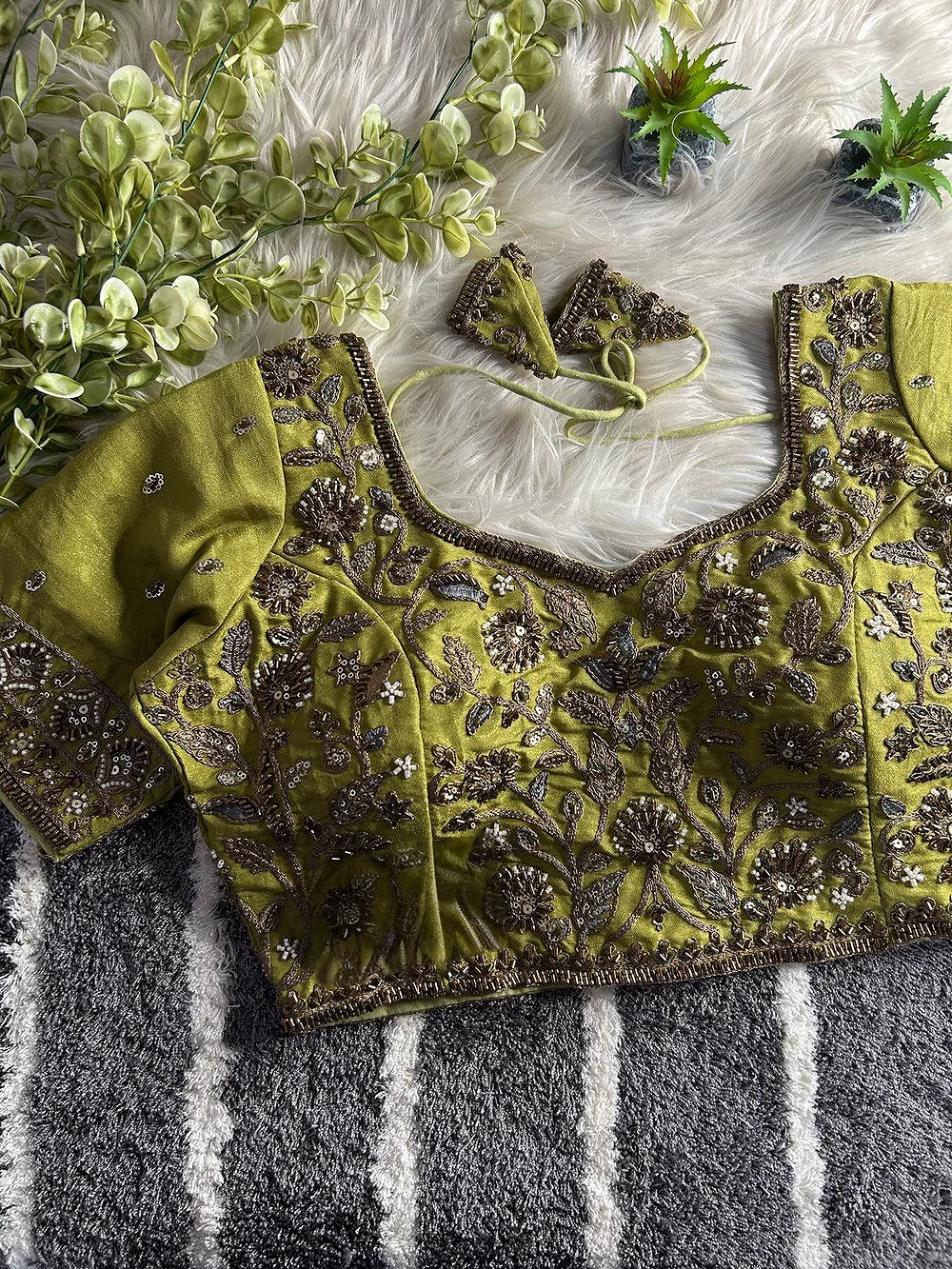 Mehndi Color Handwork Blouse with Stars & Beads Bridal Blouse — view 1