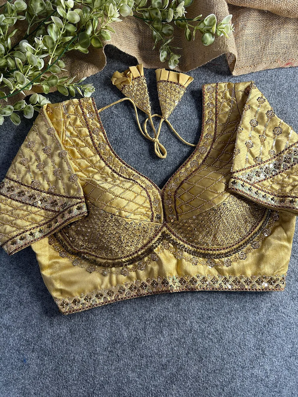 Gold Color Handwork & Sequence Italian Silk Bridal Blouse — view 1