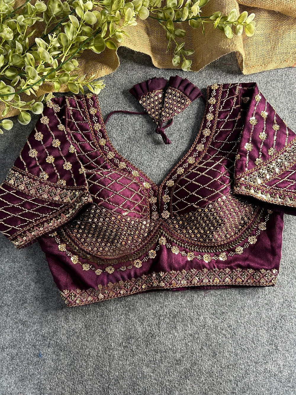 Wine Color Handwork & Sequence Italian Silk Bridal Blouse — view 1