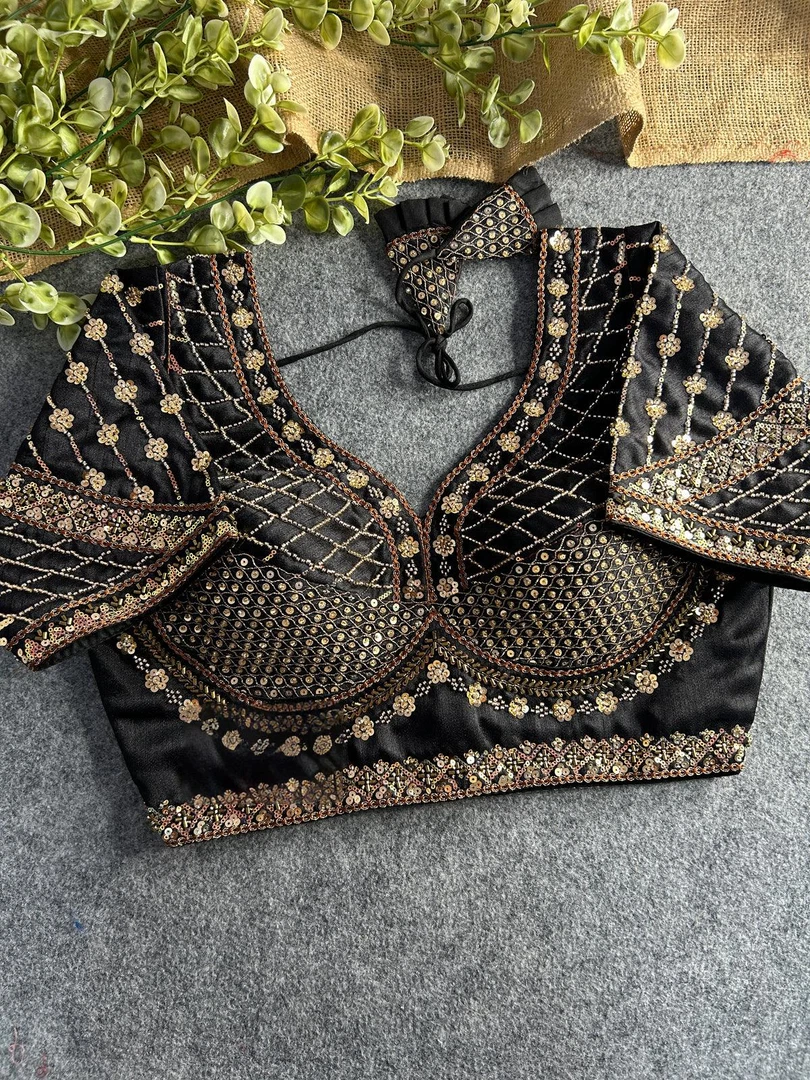 Black Color Handwork & Sequence Italian Silk Bridal Blouse
