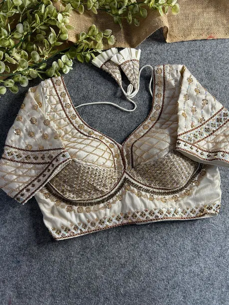 Cream Color Handwork & Sequence Italian Silk Bridal Blouse