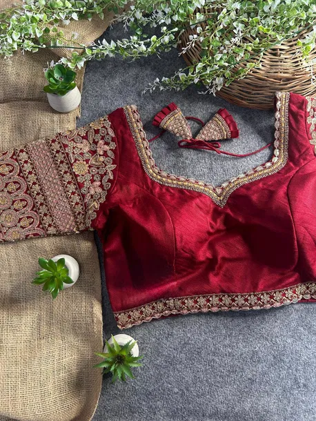 Maroon Color Bridal Italian Silk Embroidered Blouse