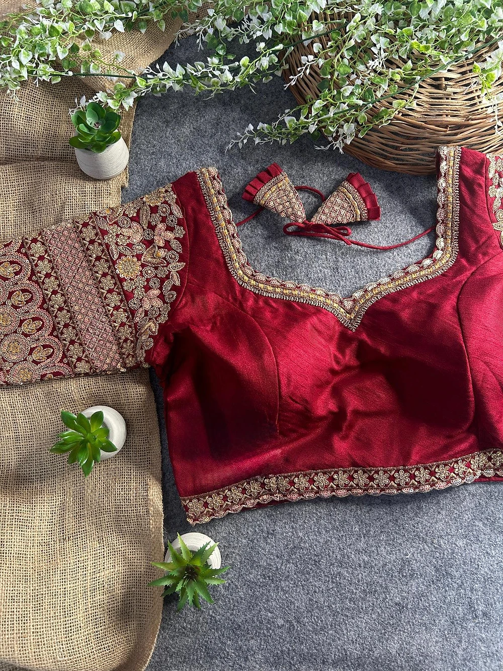 Maroon Color Bridal Italian Silk Embroidered Blouse — view 1