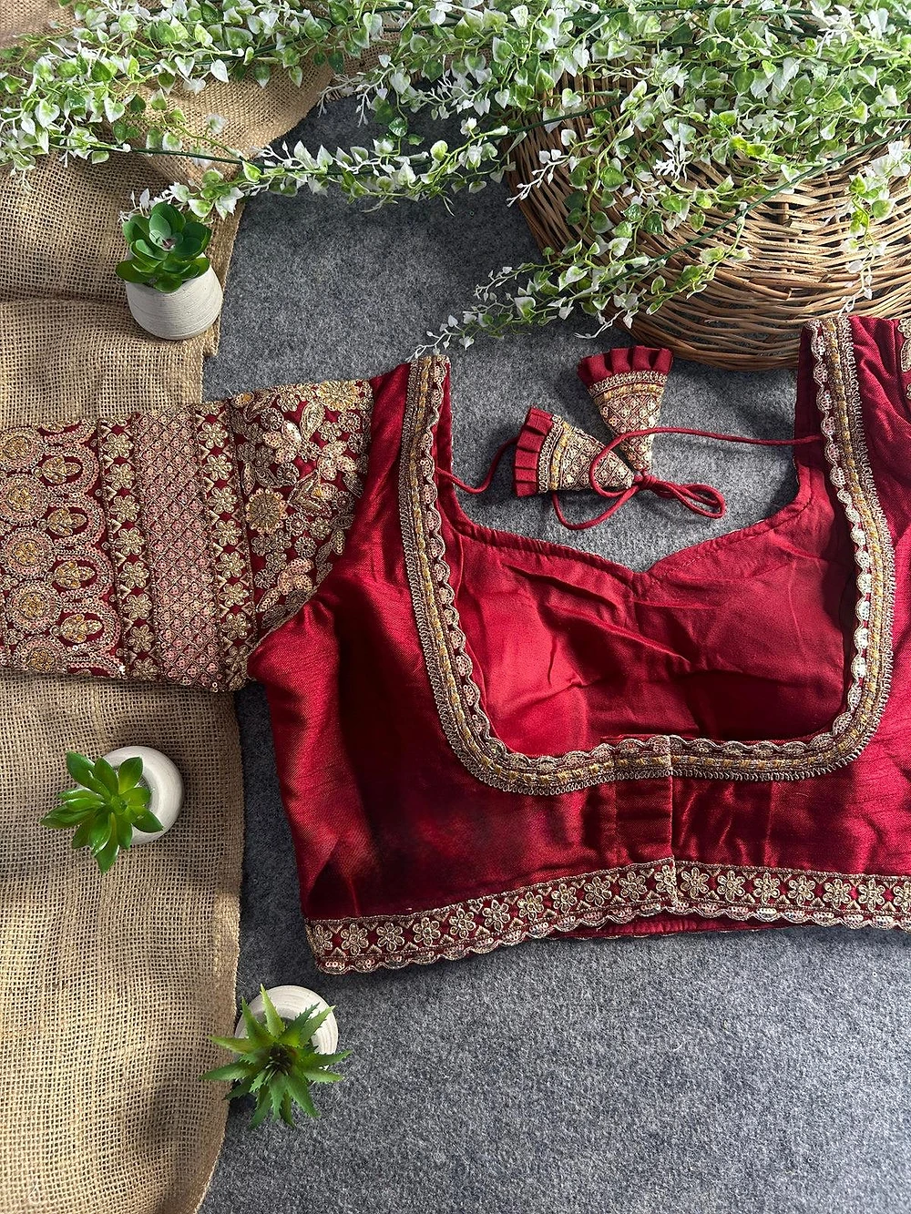 Maroon Color Bridal Italian Silk Embroidered Blouse — view 2