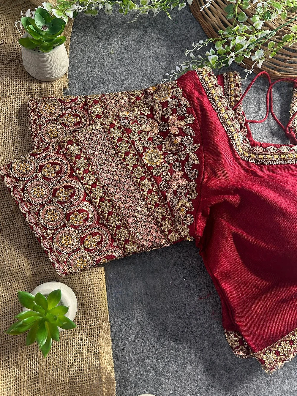 Maroon Color Bridal Italian Silk Embroidered Blouse — view 3