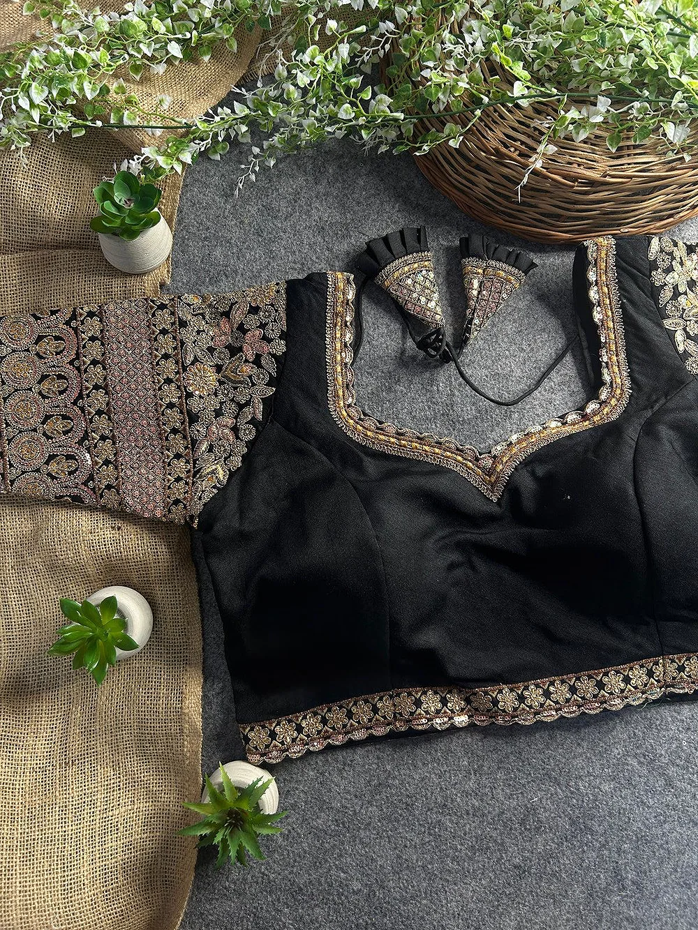Black Color Bridal Italian Silk Embroidered Blouse — view 1