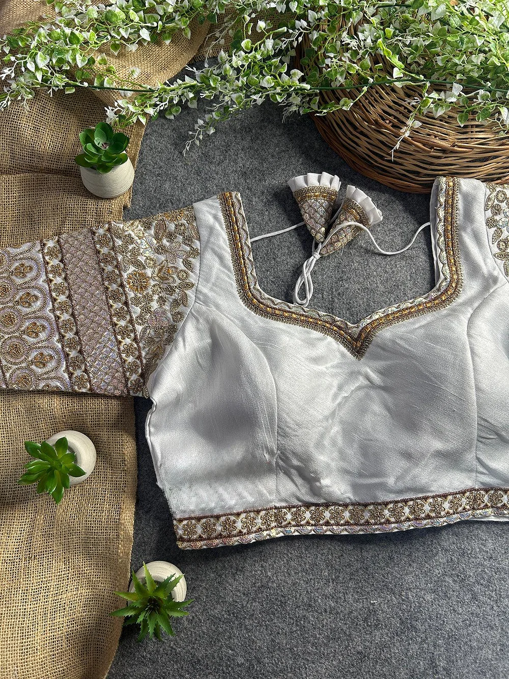 White Color Bridal Italian Silk Embroidered Blouse — view 1