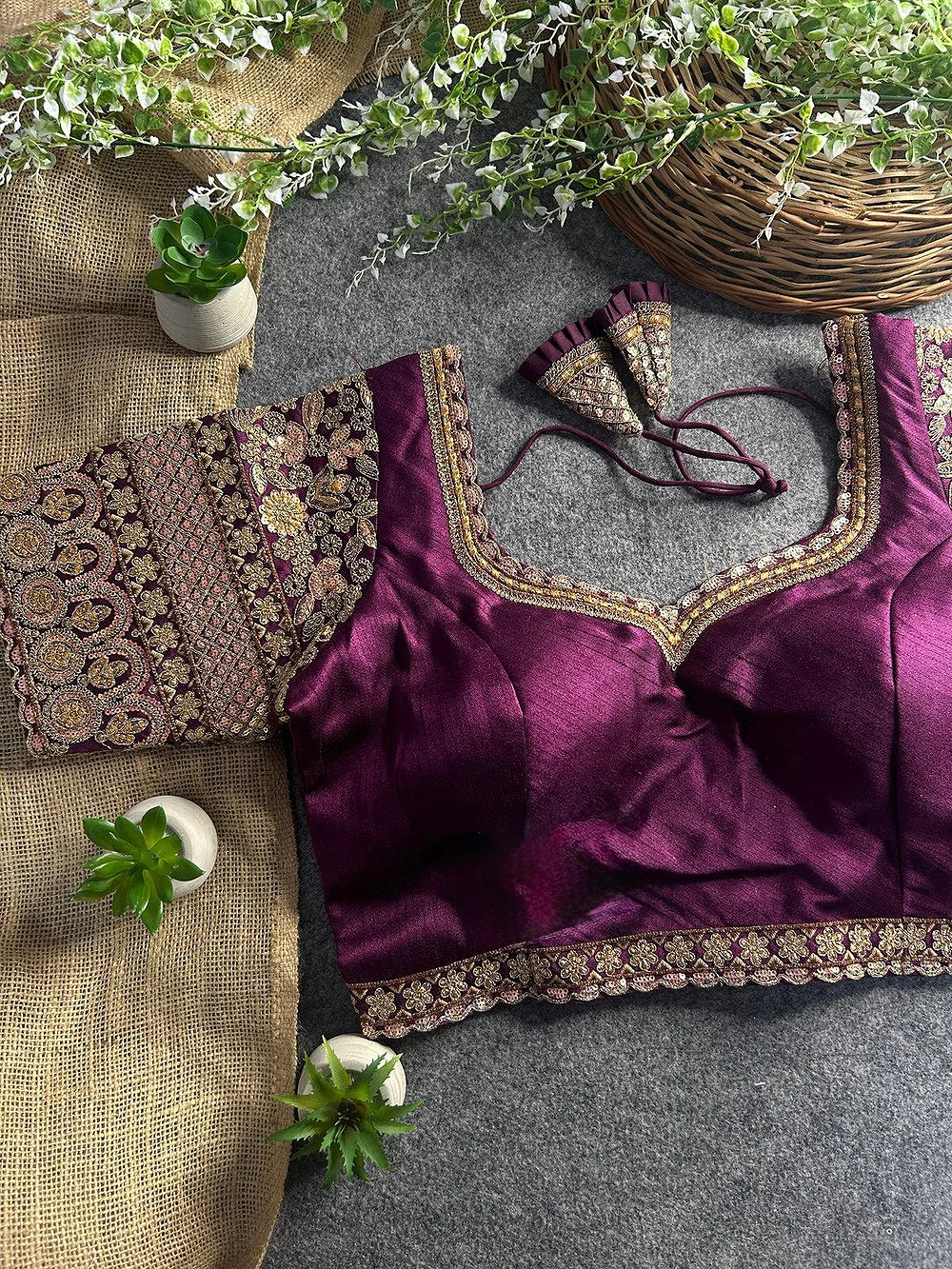 Wine Color Bridal Italian Silk Embroidered Blouse — view 1