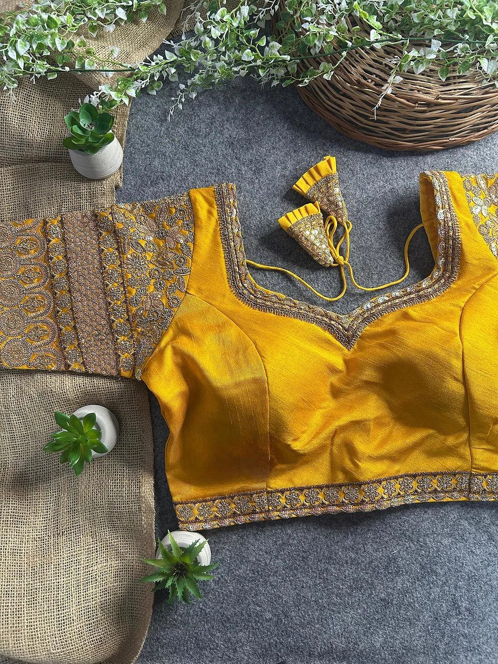 Yellow Color Bridal Italian Silk Embroidered Blouse — view 1