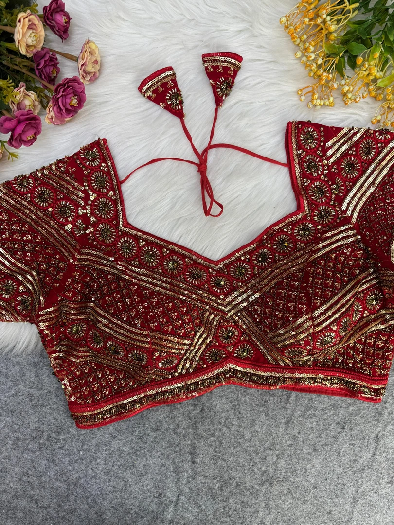 Red Color Designer Partywear Blouse with Heavy Beads Work in Georgette