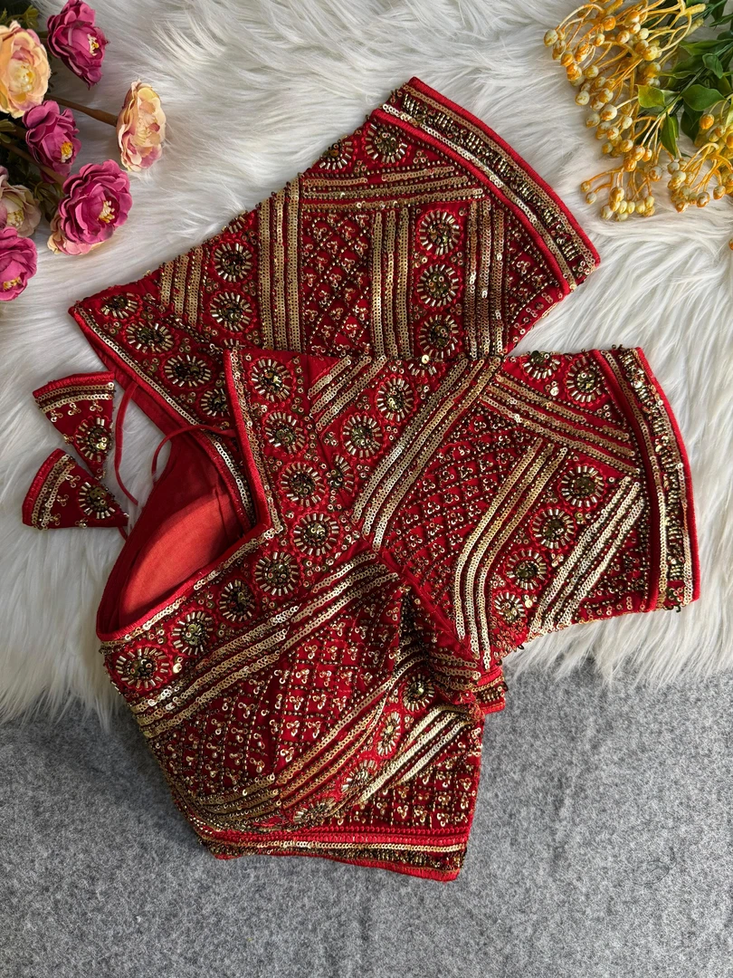 Red Color Designer Partywear Blouse with Heavy Beads Work in Georgette