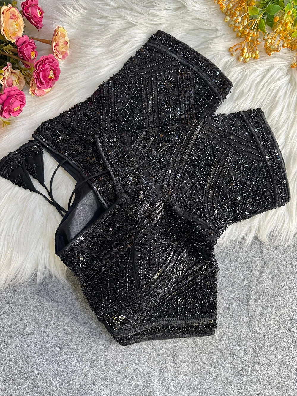 Black Color Designer Partywear Blouse with Heavy Beads Work in Georgette — view 1