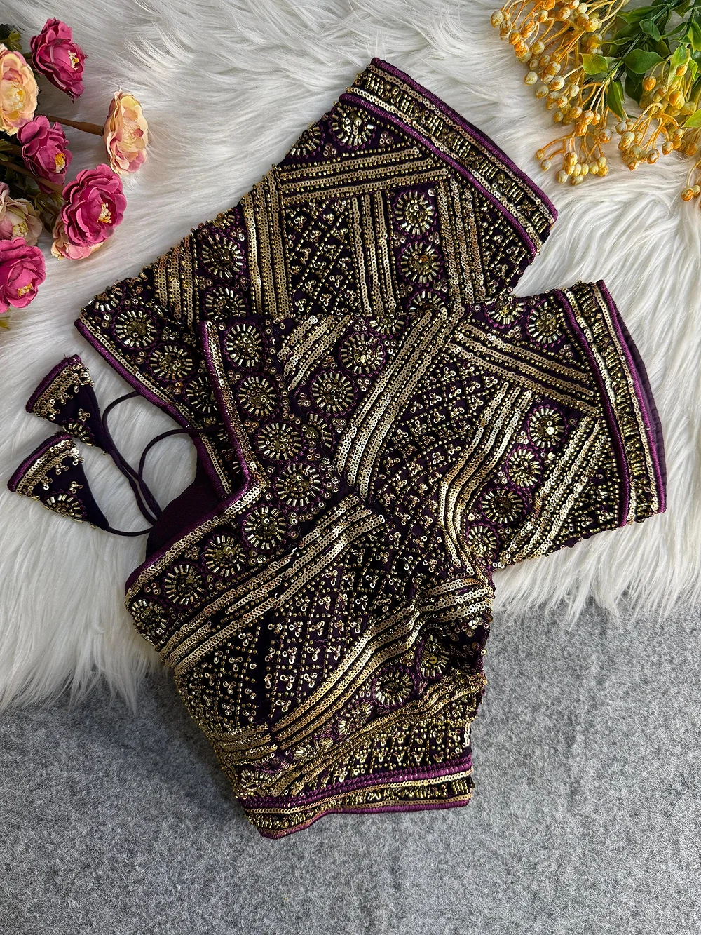 Wine Color Designer Partywear Blouse with Heavy Beads Work in Georgette — view 1